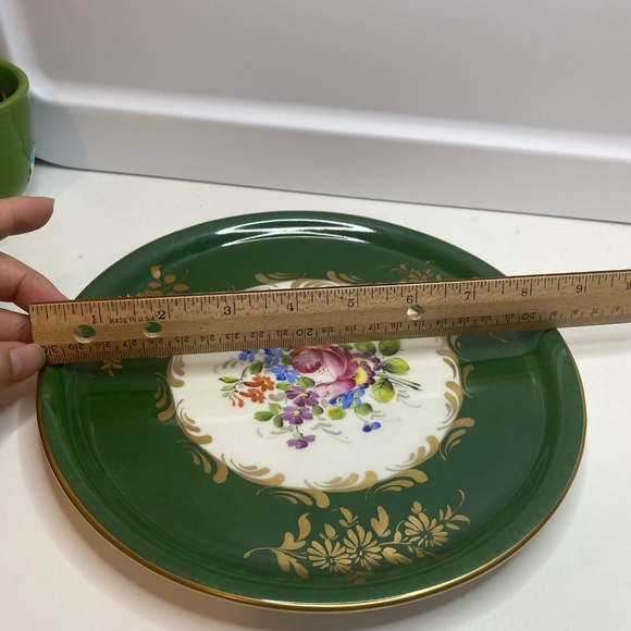 Two Vintage France Plates Hand Painted Floral Green & Gold Accents About 8” Wide - Picture 14 of 15
